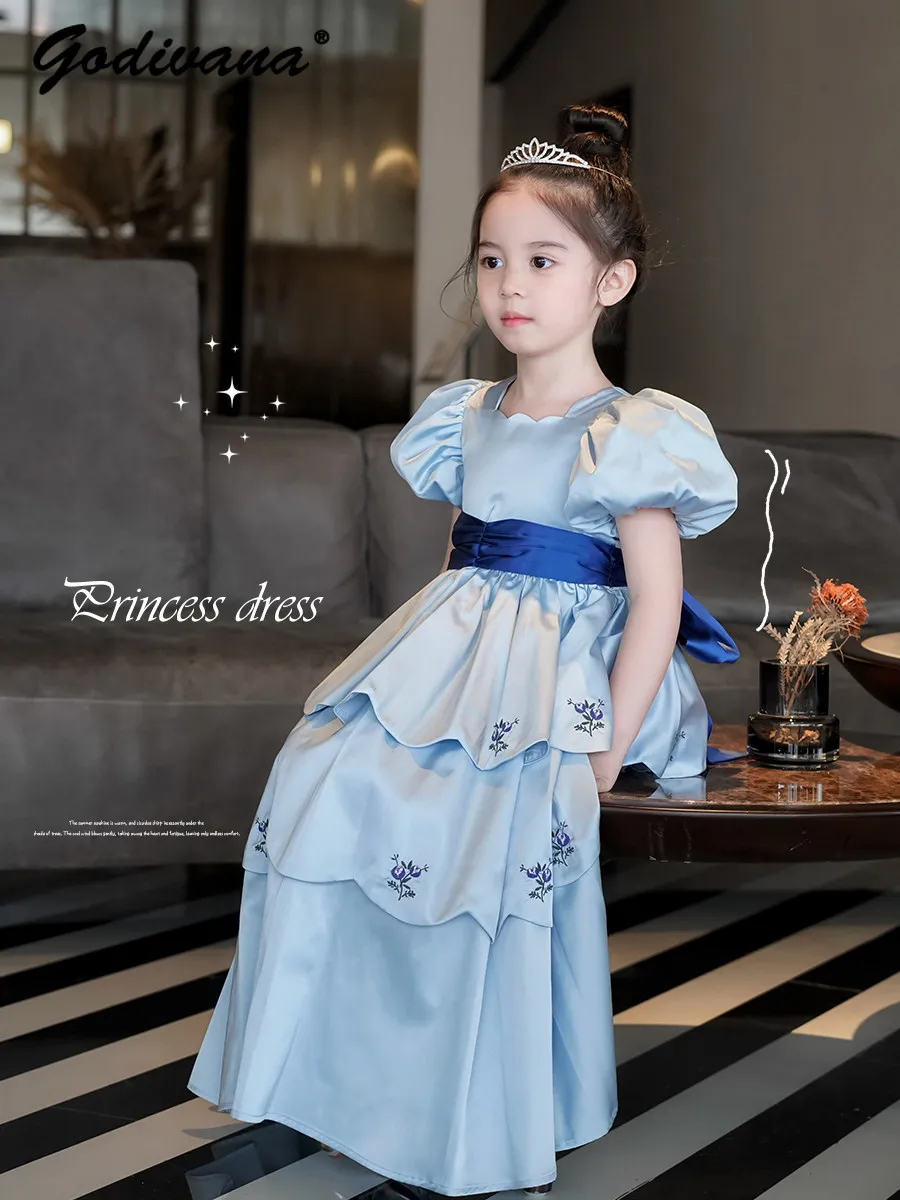 Baby Girls Summer New High End Heavy Handmade Embroidery Dress Childrens Blue Puff Sleeve Bow Belt Birthday Party Princess Gown