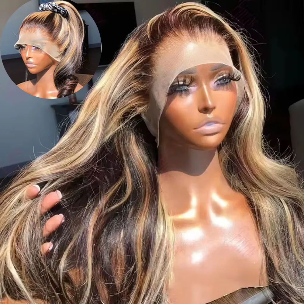 220 밀도 360 풀 HD 레이스 하이라이트 가발 인모 4/27 본 스트레이트 레이스 프론탈 가발 13x6 브라운 옴브레 레미 프리 플러킹 가발