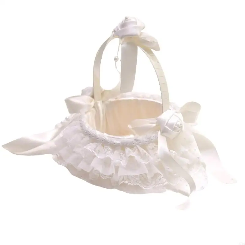 H0XA Wedding Flower Girl Baskets with Flower Handle Lace Ruffle Bowknot Flower Basket