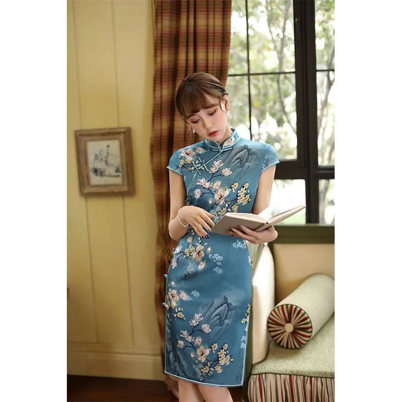 High Quality Real Silk Qipao Cheongsam Top Skirt Daily Banquet Temperament Waist-Controlled  Sheath