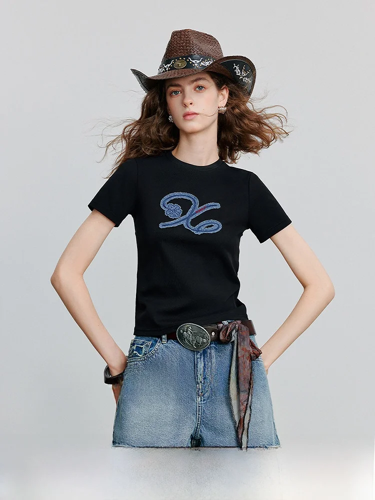 Slim Fit Cotton T-irt Women's Summer New Bla ort Denim Patch Embroidery Top round Ne Commute Sle Casual Faion