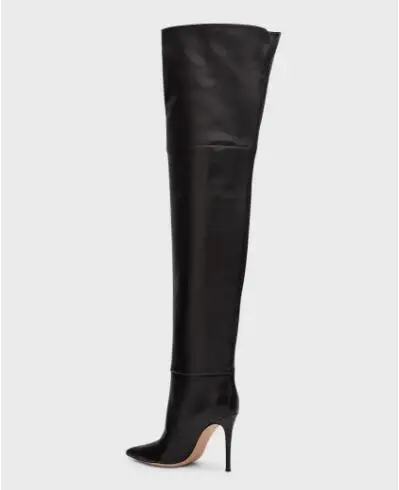 Sexy Black Matte Leather Pointed Toe Slip On Stiletto Heels Over The Knee Boots Women Big Calf Slim Thigh Long Boots Size 43