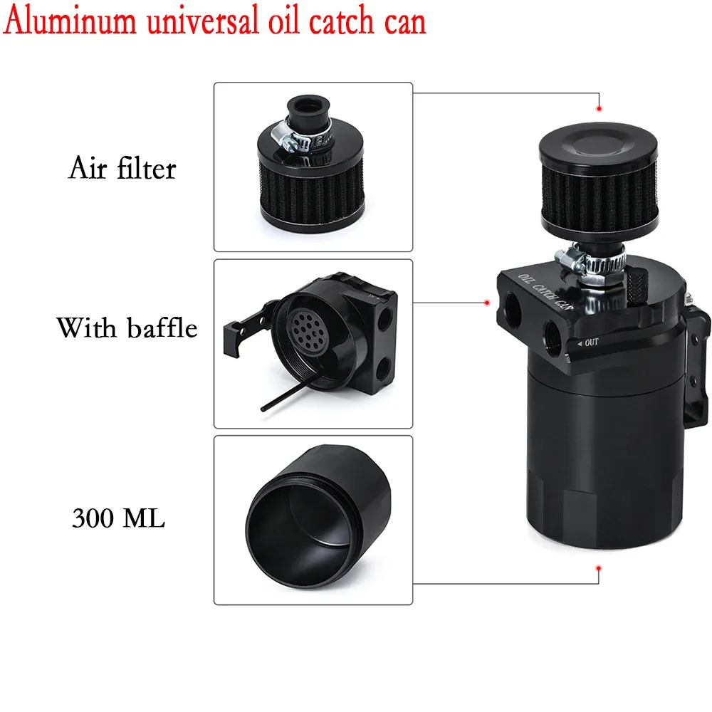 Universal 300ml Oil Catch Can with Filter Breather , Aluminum Alloy Oil Catch tank with Baffle for Fuel Filter, Protect Engine