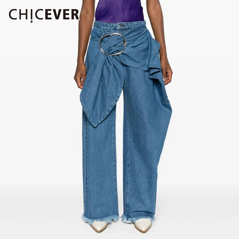 CHICEVER Folds Jeans For Women High Waist Spliced Botton Irregular Raw Hem Solid Streetwear Denim Wide Leg Pant Female Spring