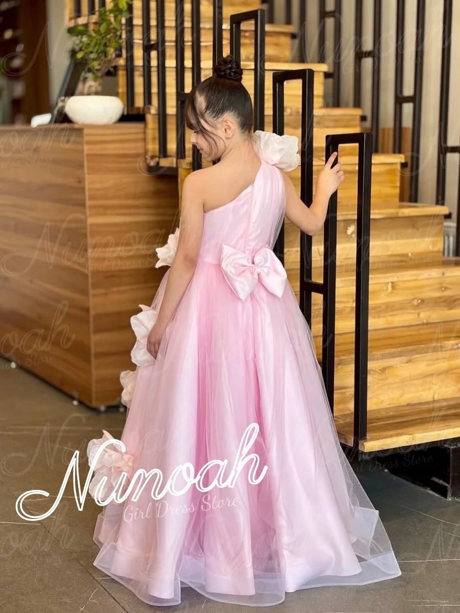 Pink Flower Girl Dresses for Wedding with Bow Floral One Shoulder Girl Birthday Ball Gown First Communion Gowns Customized