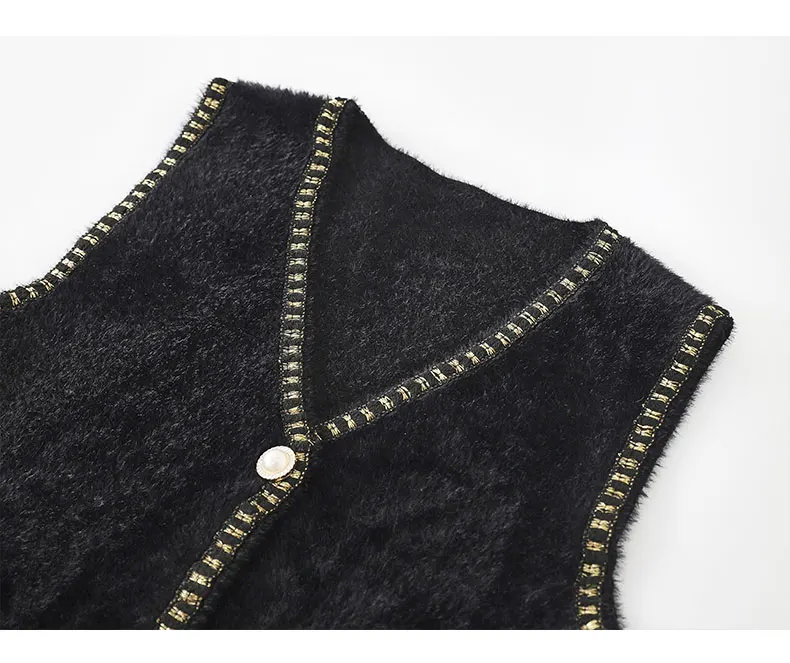 Brush Mohair Knit Vest with Glittery Contrast Trim Pocket Front Button Down Sleeveless Cardigan Sweater Women Fall Winter Outfit