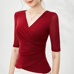 New 2026 Summer Half Sleeved V-Neck Mesh Tops Elegant Slim Folds Solid Color Women T-Shirt Clothes