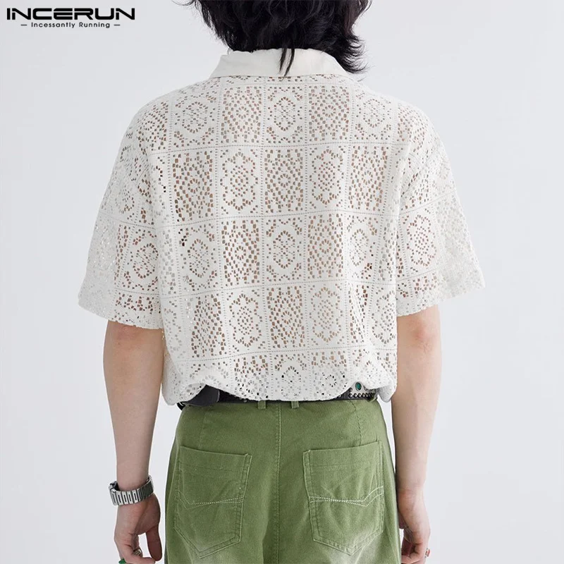 INCERUN Men\'s Shirt Lace Transparent Lapel Short Sleeve Sexy Fashion Men Clothing Streetwear 2024 Korean Casual Shirts S-5XL