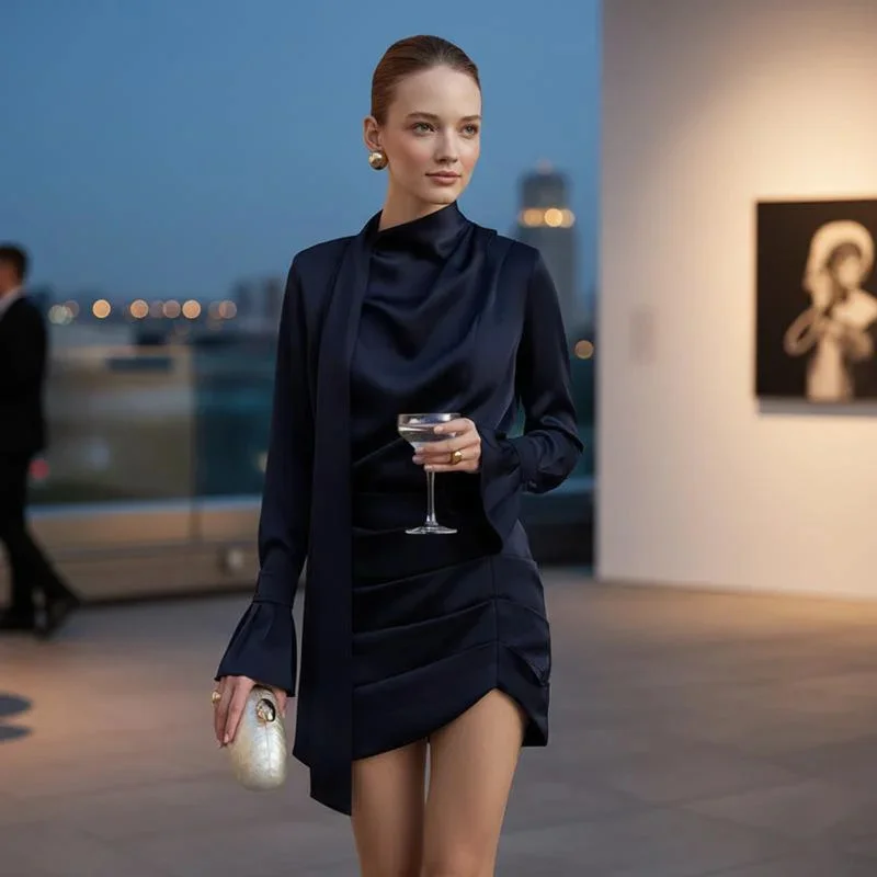 

Women's Elegant Satin Dress Matte Fabric Stand Collar Flared Long Sleeve Slim Fit Mini Dress For Formal Party Evening Daily Wear