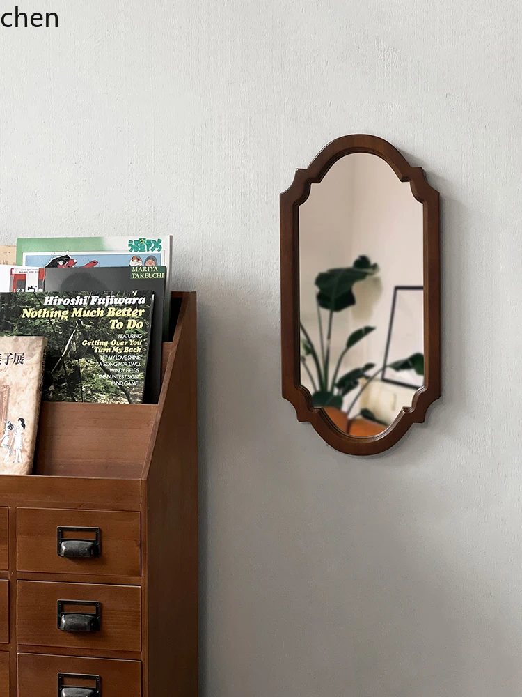 HT  Retro Decorative Mirror Solid Wood Bathroom Mirror Living Room Wall-Mounted Wall Surface Bathroom