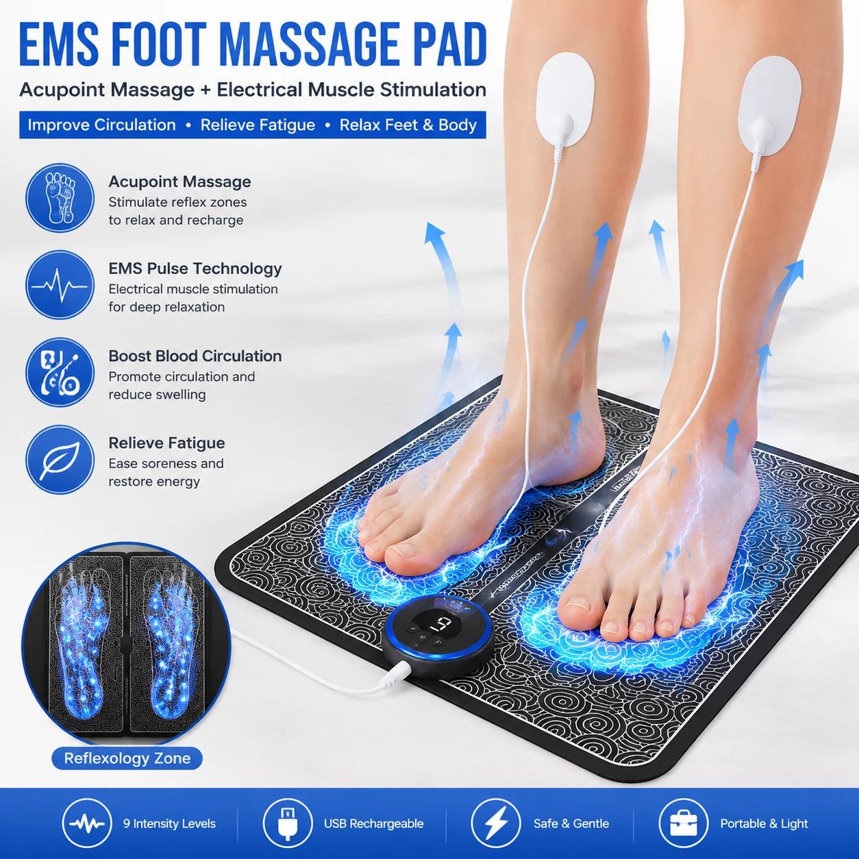 EMS Fußmassagegerät, Linderung von Schmerzen, Entspannung der Füße, Akupunkturpunkte, Massage, elektrische Muskelstimulation, Verbesserung der Durchblutung, Entspannung der Füße