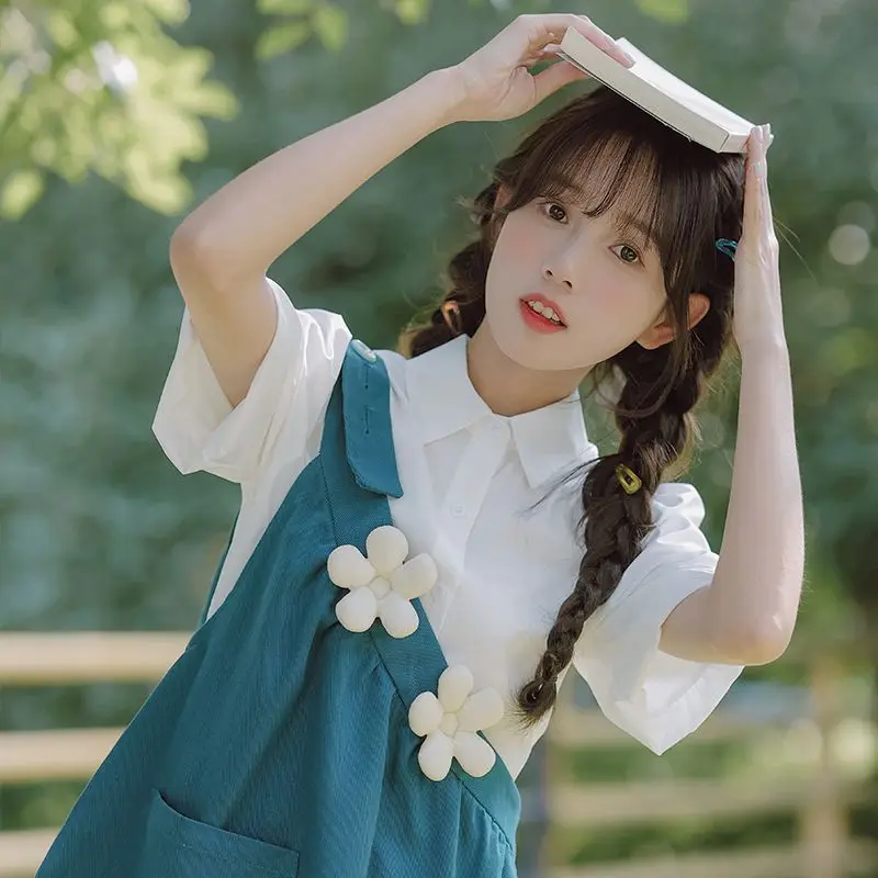 

One-shoulder Youthful Loose Slim New Suspender Dress with Stand Collar Short-sleeved Shirt Casual Two-piece Set for Women Summer
