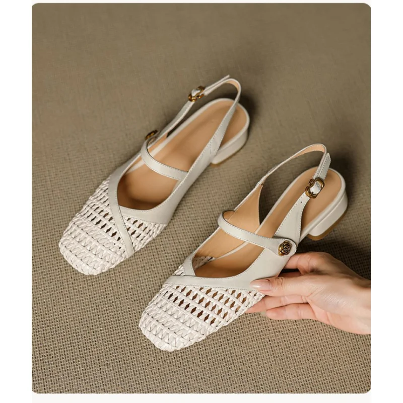 Women's Closed Toe Sandals Woven Hollow Out Low Block Heel Mary Jane Backless Ankle Strap Soft Sole Summer Beach Work Off White view 5