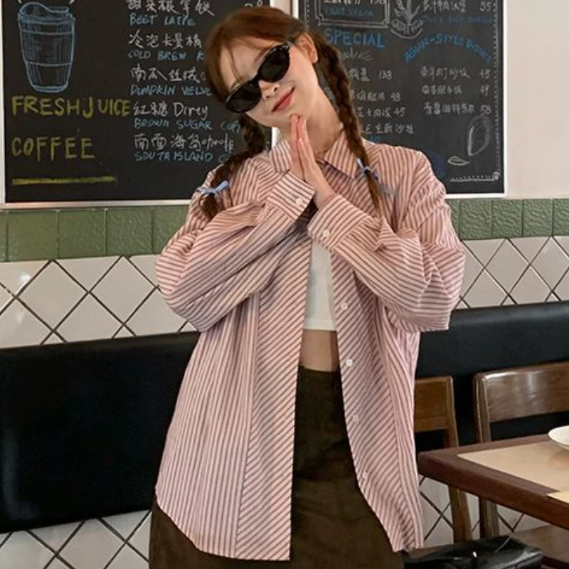 Red Striped Shirts Women Baggy Preppy Style Casual All-match Sweet New Korean  College Girls Harajuku Simple Popular Spring