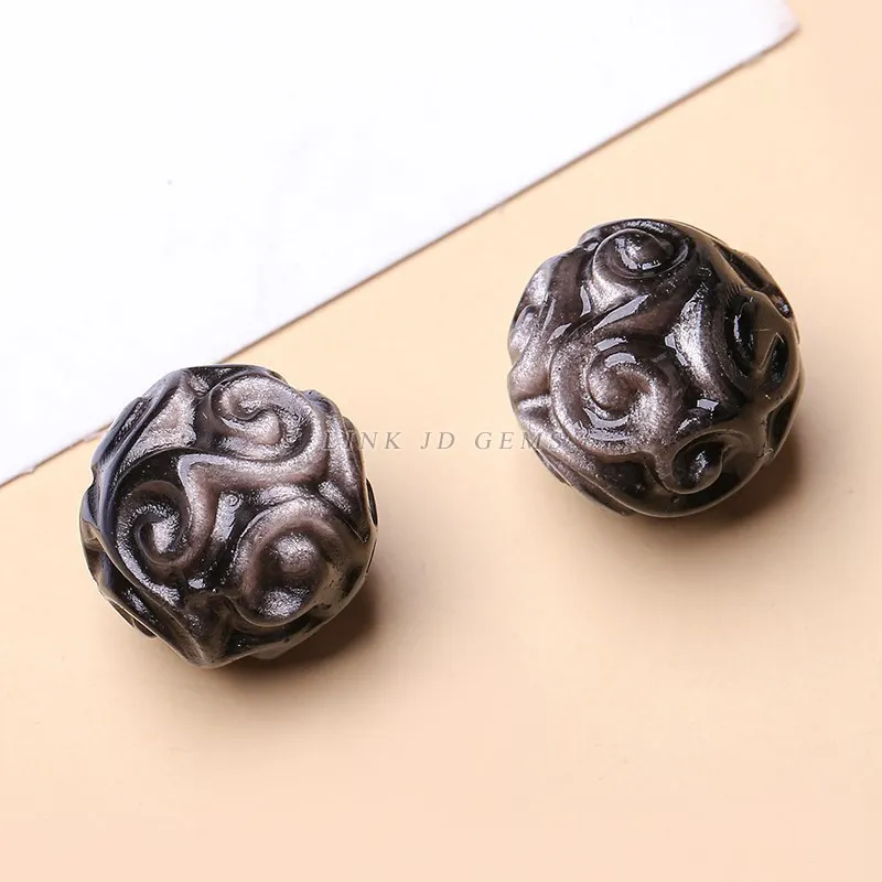 1 Pc Natural Silver Obsidian Flower Patterned Bead Fit Pendant Charms For Jewerly Making Diy Bracelet Necklace Accessory