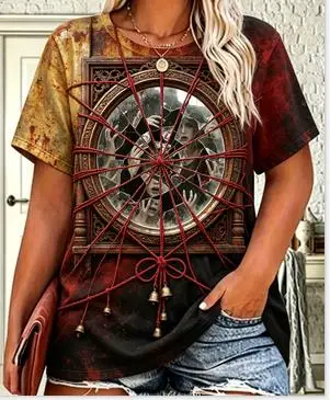 Women Dark Horror Broken Mirror Print T‑Shirt Witch Figure Bell Vintage Rust Tie‑Dye Crew Neck Short‑Sleeve Casual Tops