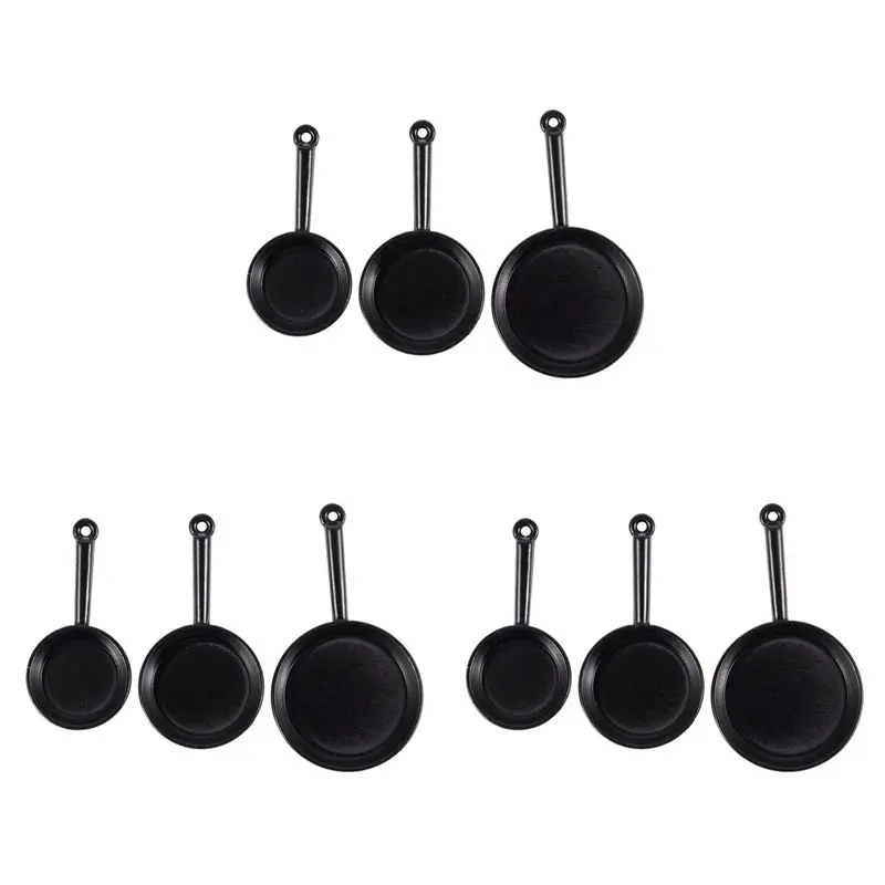 B05C-1/12 schaal 9-delig poppenhuis miniatuur metalen koekenpannen kookpot kookgerei keukenaccessoire zwart