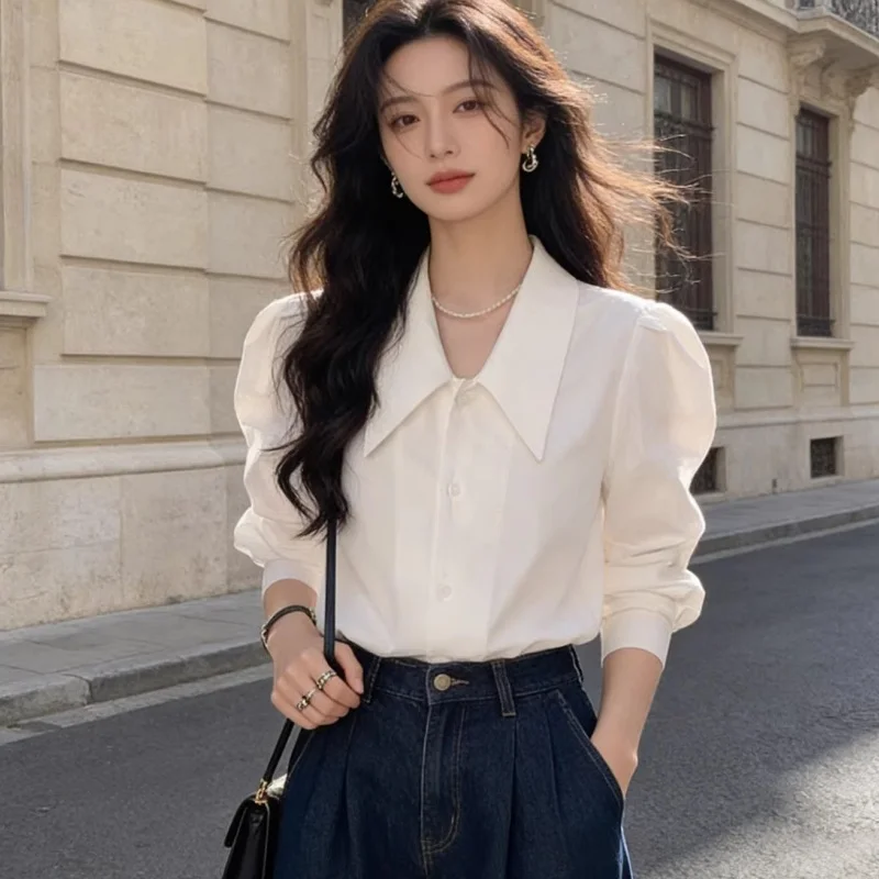 Spring Summer Women White Pointed Collar Shirt  Puff Bubble Sleeve Loose High-End Texture All-Match Chic Daily Top