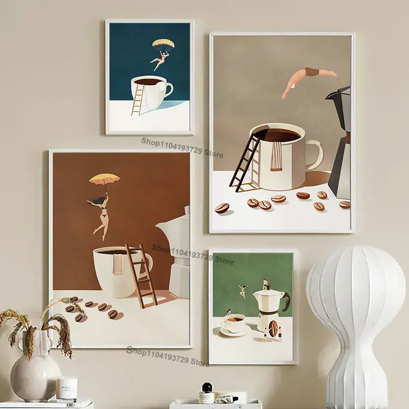 Funny Coffee Machine Cafe Club Diver Abstract Wall Art Canvas Prints Poster Modern Print Kitchen Office Home Decor Posters Gifts