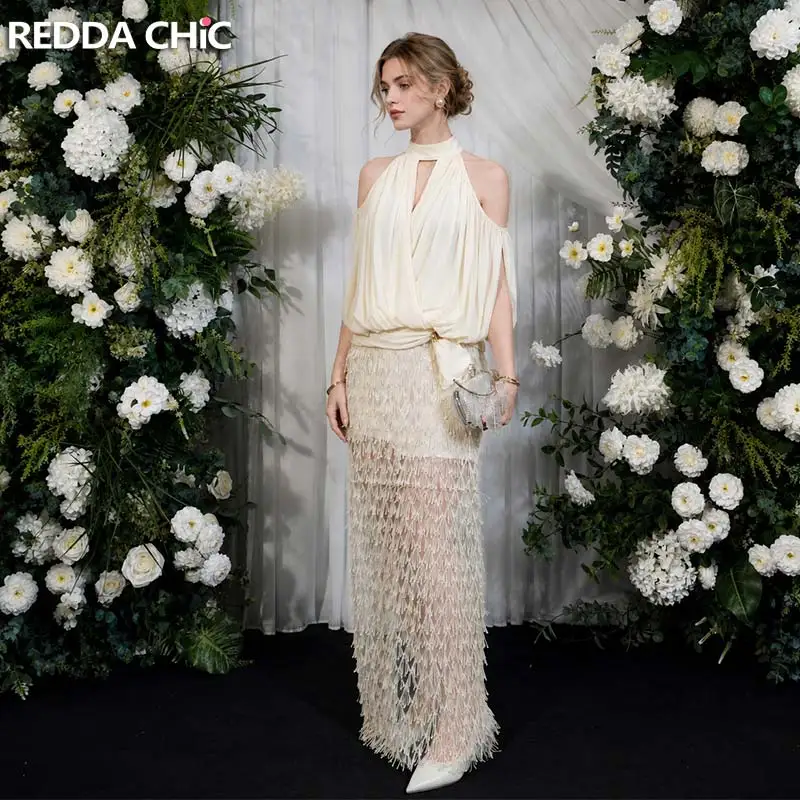 REDDACHiC Off Shoulder Blouse Skirt Women Matching Set Fall New Smocked Halter Top Fringe Maxi Bodycon Skirt Elegant Costume
