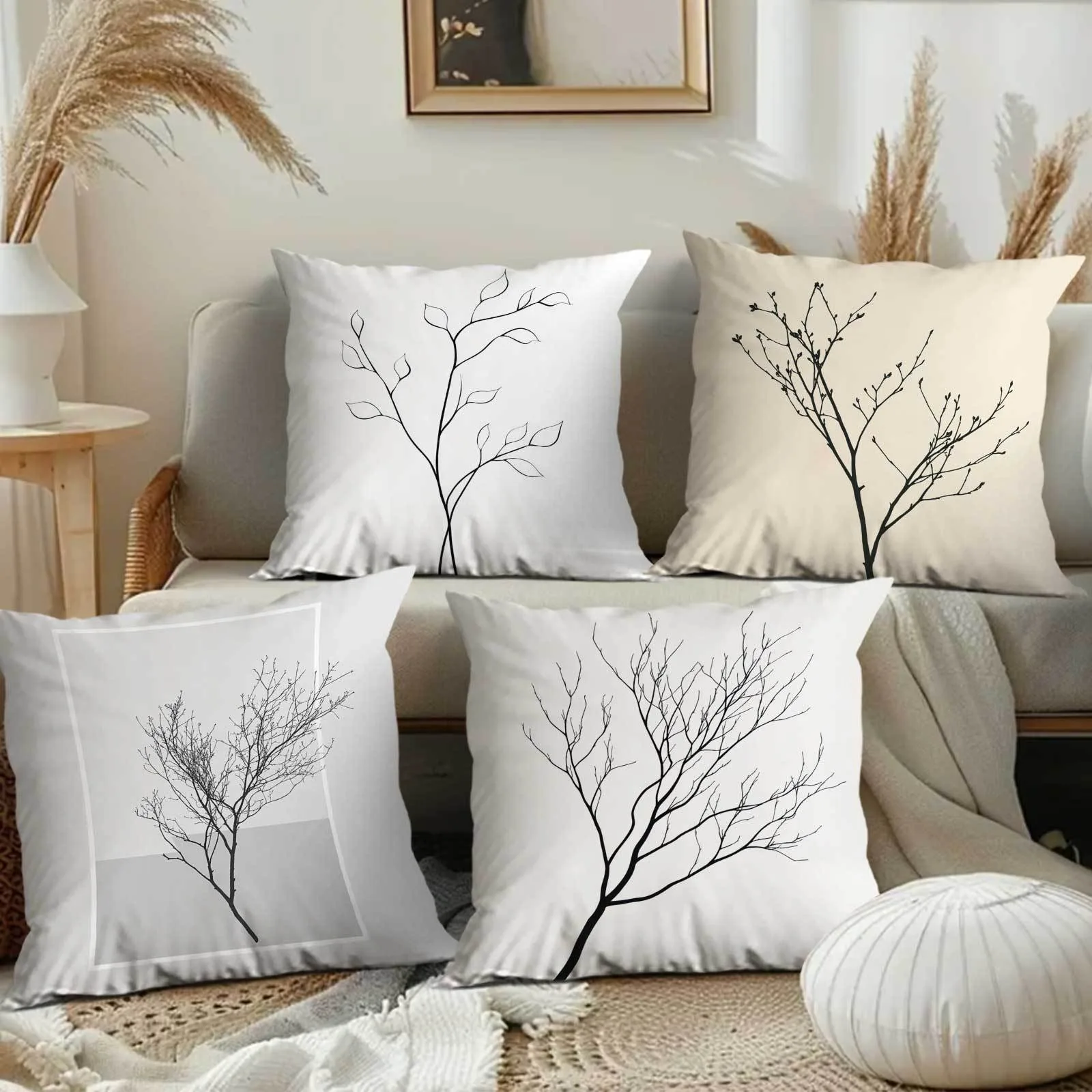 

Minimalist Twig Pattern Pillowcase - Monochrome Tree Branch Cushion for Modern Scandi Home Decor