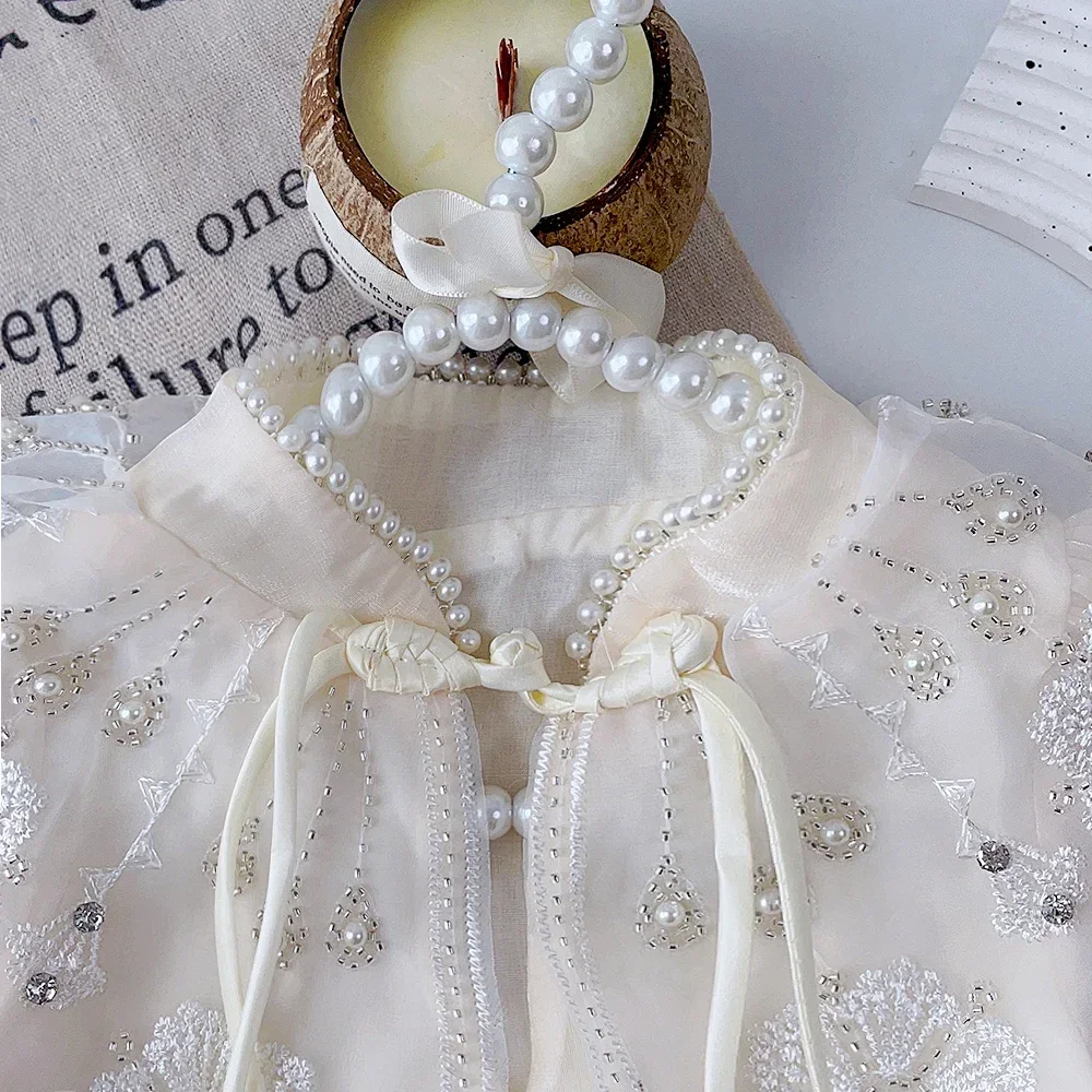 Summer New Chinese Style Elegant White Lace Flower Embroidered Short Sleeve Dress Sweet Girl's Clothes 2-7 Year Old Cheongsam