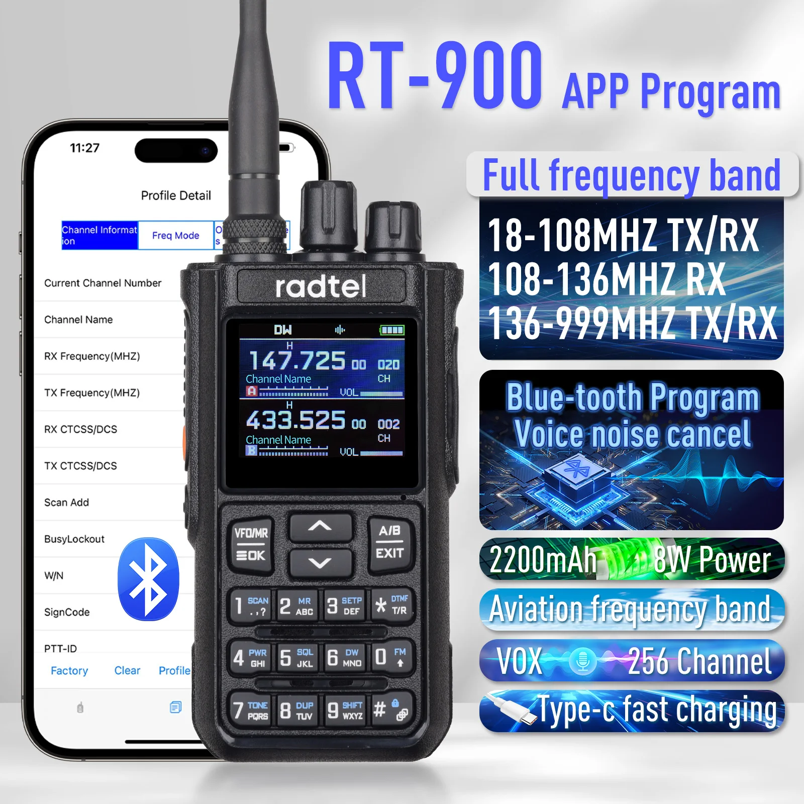 Radtel RT-900 8W Full band Ham Radio Walkie Talkie 256CH Air Band Two Way Radio Station Aviation NOAA Police Marine River PTT