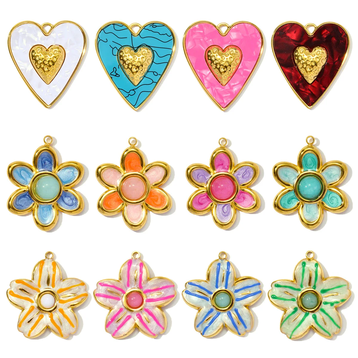 3 teile/los Edelstahl Große Größe Herz Anhänger Emaille Blume Naturstein DIY Charme Frauen Halskette Ohrringe Herstellung Von Schmuck