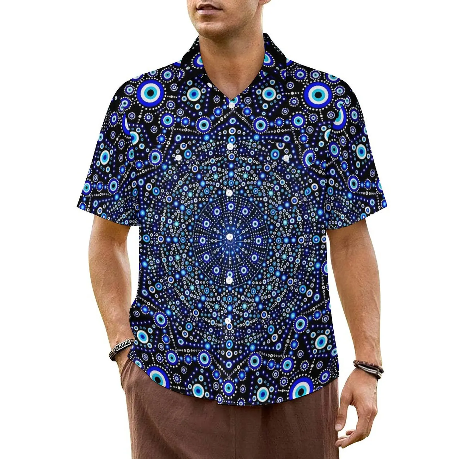 

Evil Eye Beach Shirt White And Blue Hawaiian Casual Shirts Men Loose Blouses Short-Sleeve Stylish Custom Top