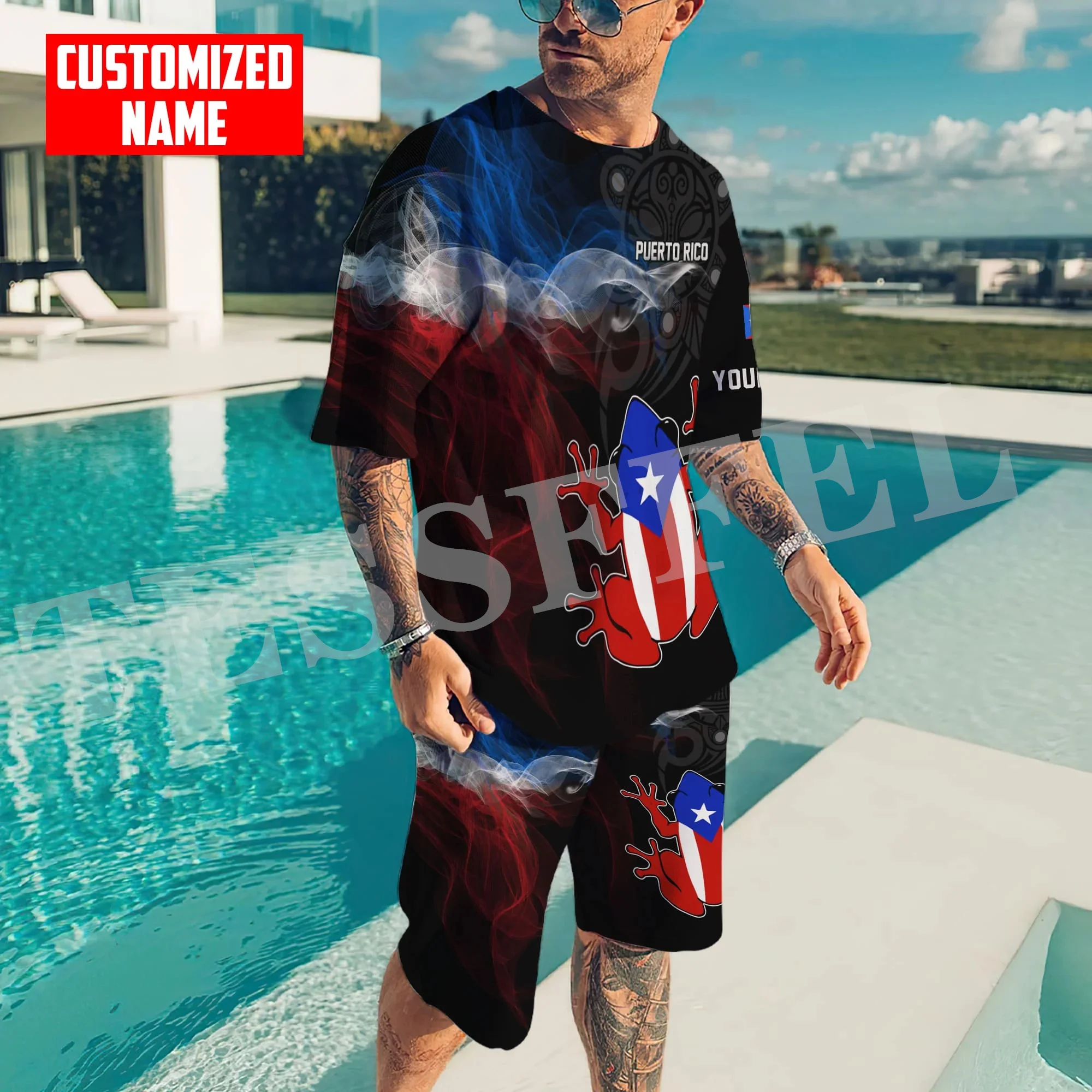 Custom Name Puerto Rico Boricua Country Tattoo Vintage 3DPrint Casual Shirts Pants Combo Suits Summer Short Sleeves Streetwear D