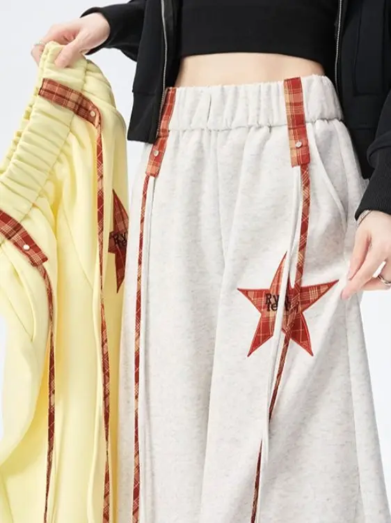 

High Waist Wide Leg Casual Pants Women's Winter Design Loose Fit Sweatpants American Hip Hop Sle Star Embroidery Yellow