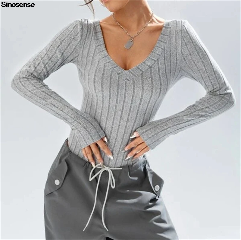 Womens Deep V Neck Long Sleeve Bodysuit Ribbed Knit Bodycon Basic Bodysuits Sexy Going Out Tops Y2K Daily Dating Street Leotards