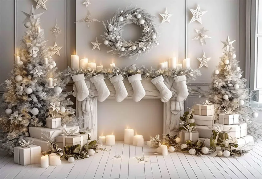 Mehofond ฉากหลังถ่ายรูป, พวงมาลัยเตาผิงสีขาวภาพเทศกาลครอบครัวภาพเหมือนต้นคริสต์มาสดาวของขวัญสำหรับตกแต่งพื้นหลังสตูดิโอถ่ายภาพ