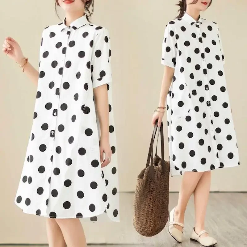 Abito camicia a pois Donna Stile coreano Abiti larghi slim oversize Moda casual Abito a maniche corte di media lunghezza Tendenza estiva