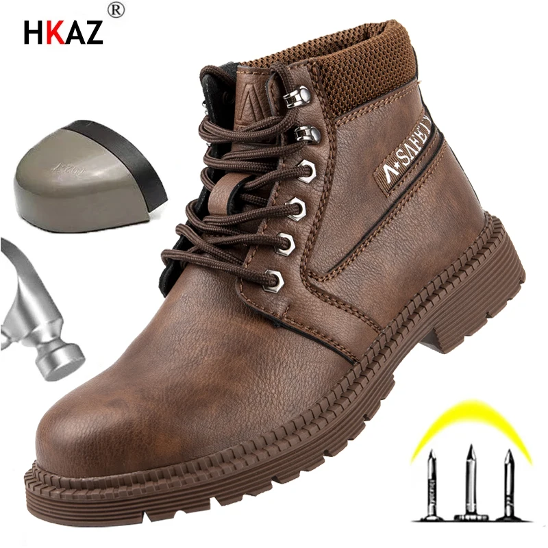 Water Proof Safety Work Shoes For Men Steel Head Leather Boots Male Footwear Indestructible Construction Work Shoes Brown