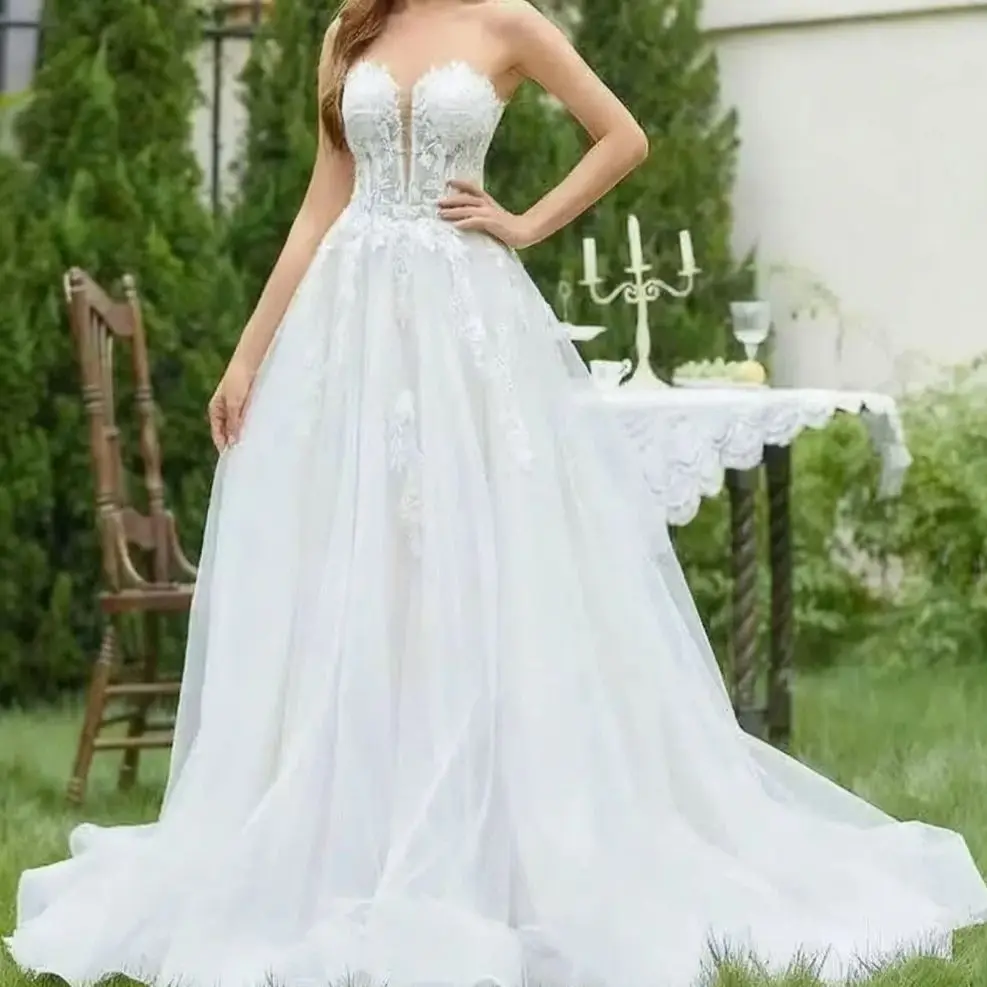 

Customized Strapless Wedding Dresses for Bride Tulle Appliques Ball Gown Formal Bride Porm Party Gowns