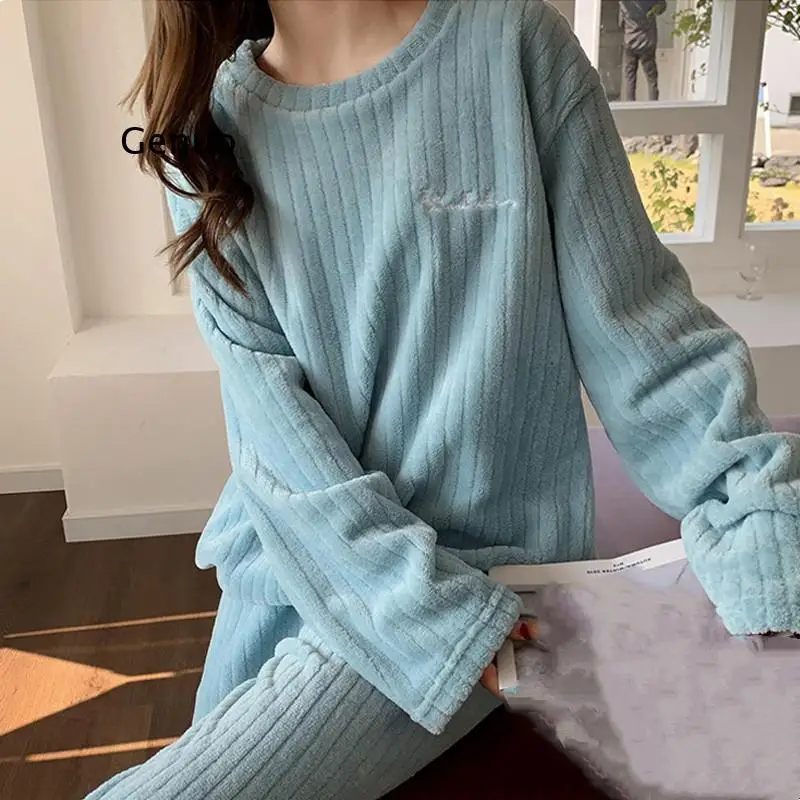 Autumn Plush Pajamas Set Women Thick Warm Winter Pajamas Velvet Loungewear Home Suits Female Casual Loose Sleep Wear 2021