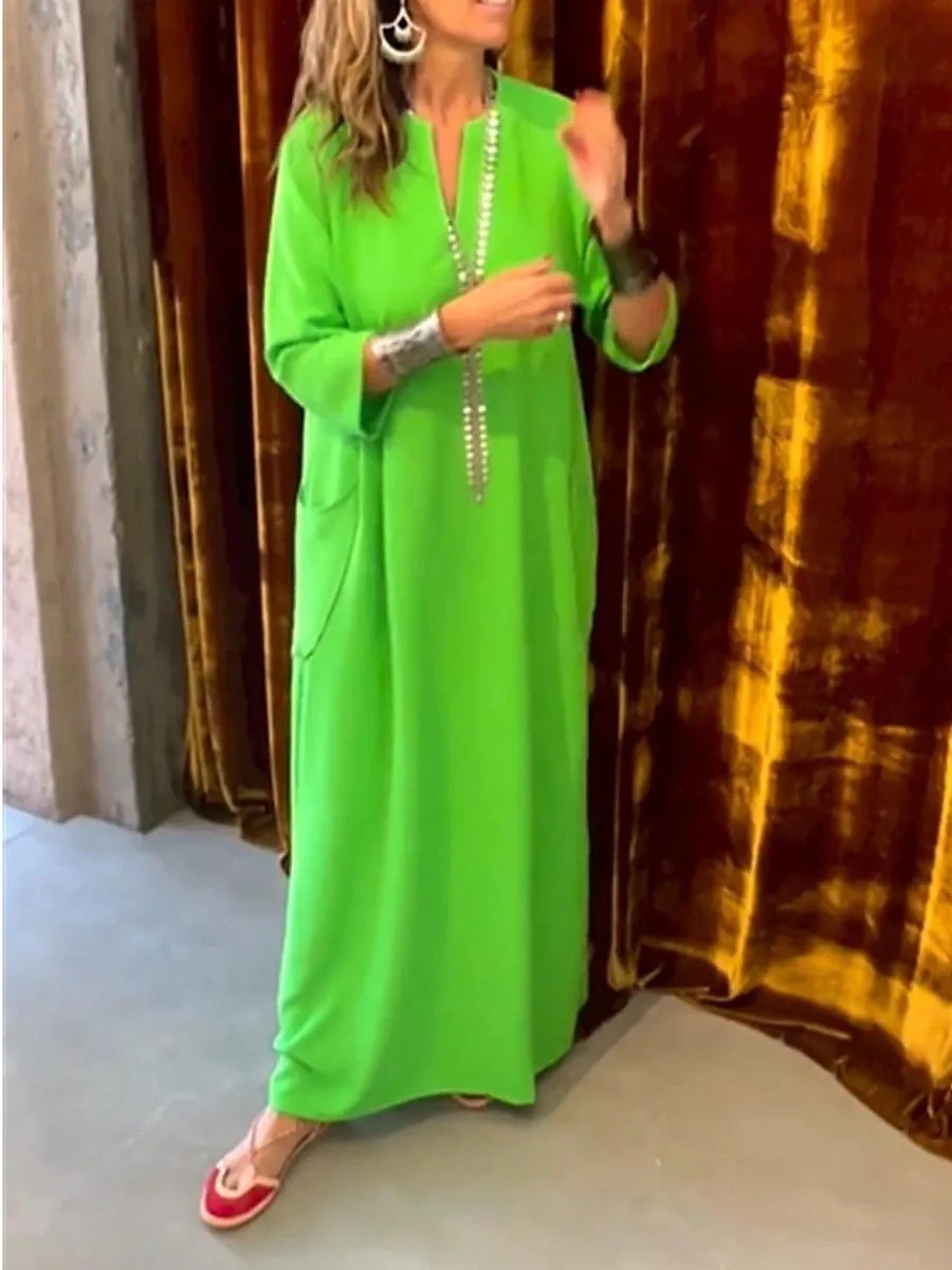 여성용 루즈한 우아한 용수철 파티 드레스, 단색 포켓 프린트, 야외 데일리 휴가, 긴 소매, 긴 스커트, 여름