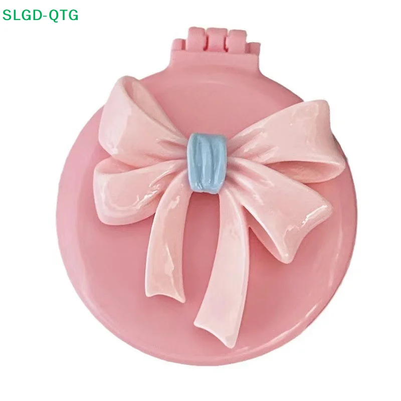 

Pink Round Folding Comb With Mirror Portable Bow Decor Anti Static Pocket Hair Brush Cartoon Princess Style Handle Comb Girl