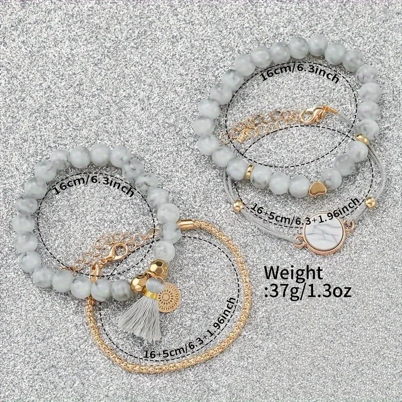 Jam tangan kulit PU Analog Quartz modis kasual 5 buah/set & gelang pembuluh darah marmer, hadiah untuk wanita