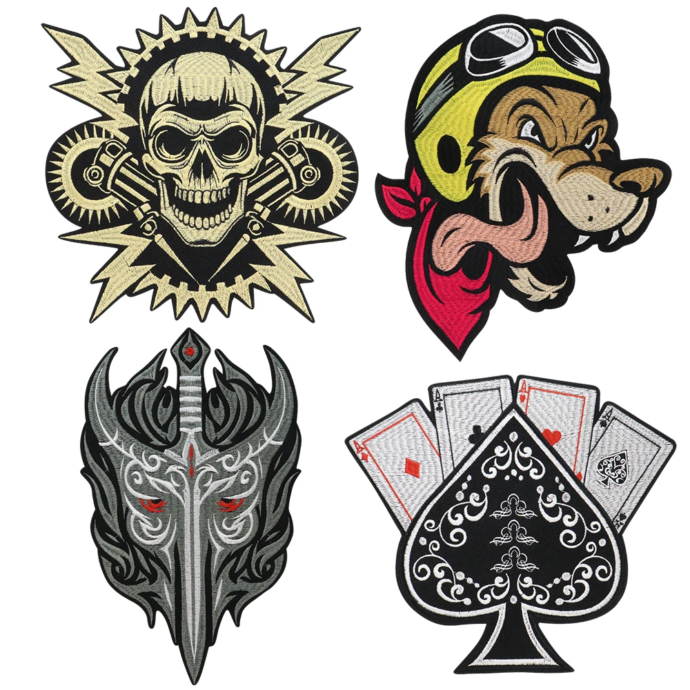 Embroidery Skull Patches Sword Poker Dog Badge Iron on Jacket Back Motorcycle Biker Applique