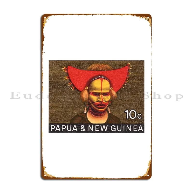 1968 Papua New Guinea Headress 10c Postage Stamp Metal Sign Rusty Create Party Club Decoration Printed Tin Sign Poster