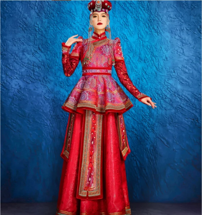 Ladies' Red Heavy Industry Mongolian Robe Bridal Ethnic Style Wedding Dance Performance Dress