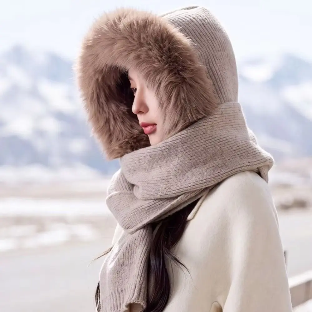 Niedliche Wollmischung Strickmütze Balaclava Mütze mit Kapuze und Schal Warme Einfarbige Mütze und Schal 2-in-1 Winter/Herbst – Detail 7