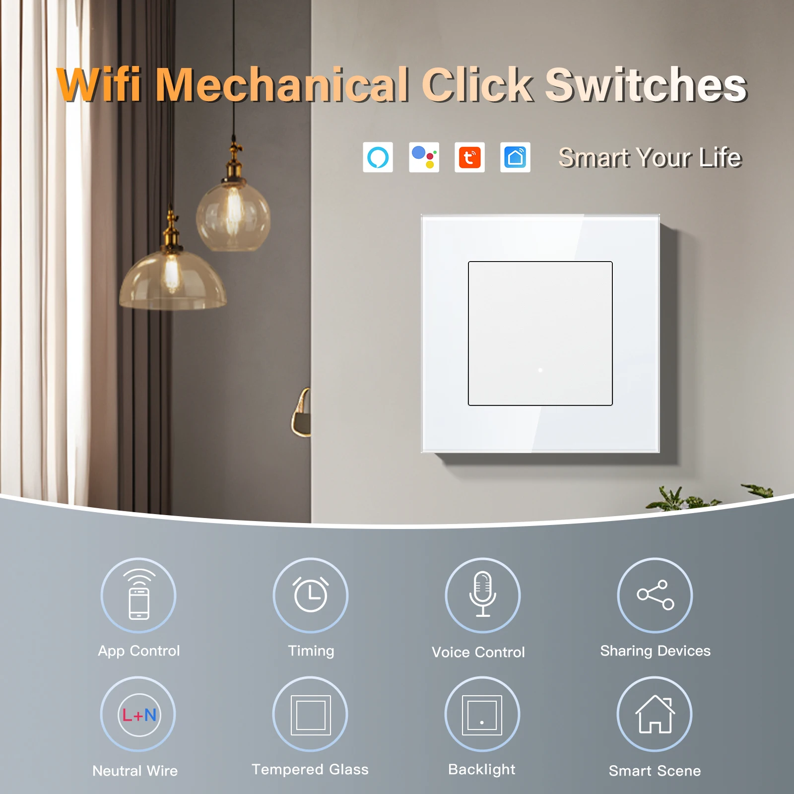 BSEED Wifi 1/2/3/4Gang Mechanical Wall Switches Smart Click Switches 1/2/3Way Tuya Smart Life Alexa Control Glass Frame