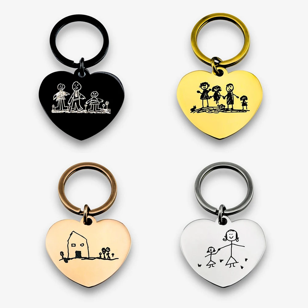 Customized Kids Drawing Keychain Heart Round Engraved Picture Keychain Stainless Steel Keychain Kids Artwork Pendant Jewelry