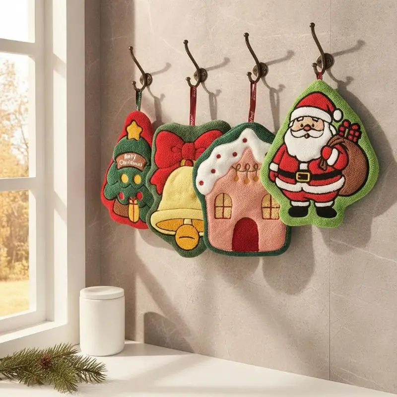 Cute Cartoon Christmas Hanging Hand Towels Super Absorbent Soft Coral Fleece Perfect For Kitchen Bathroom Holiday Home Decor