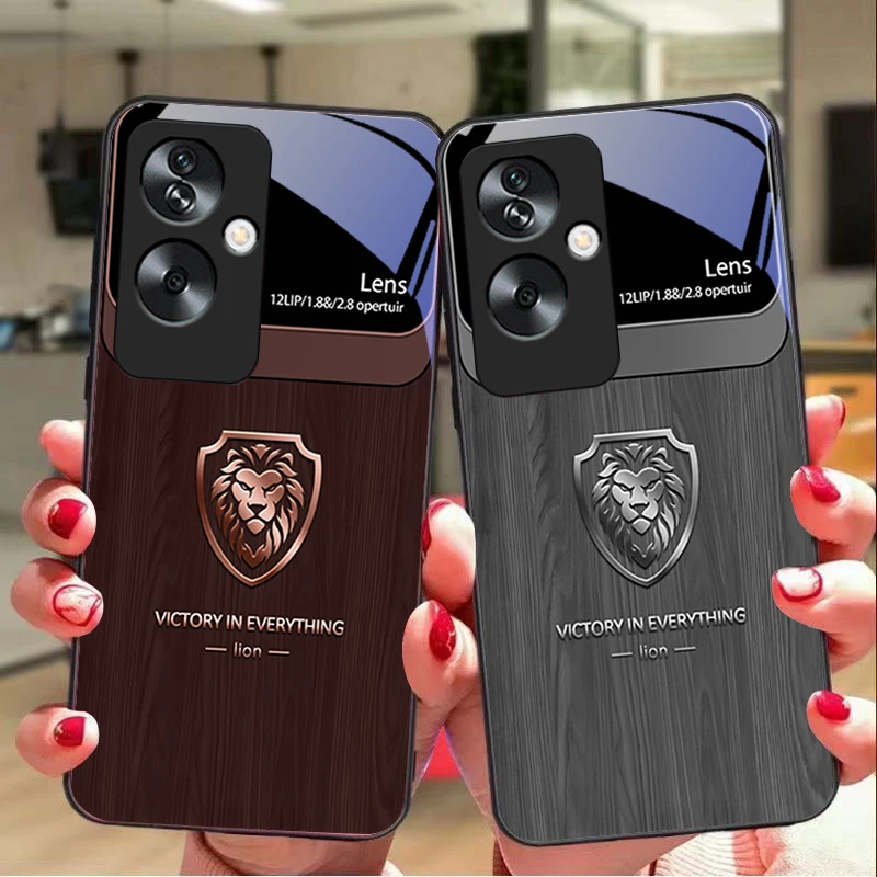 Wood grain lion head For Oppo A79 5G 58 78 74 60 4G Reno 11F Realme GT 6 11 Note 50 10 C55 X2 Tempered glass black phone case