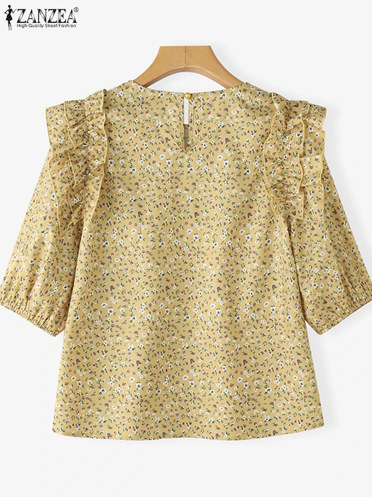 ZANZEA 2025 Bohemian Blouse Women Vintage Floral Printed Tunic Tops Summer Short Sleeve Ruffled Shirts Casual Loose Lady Blusas