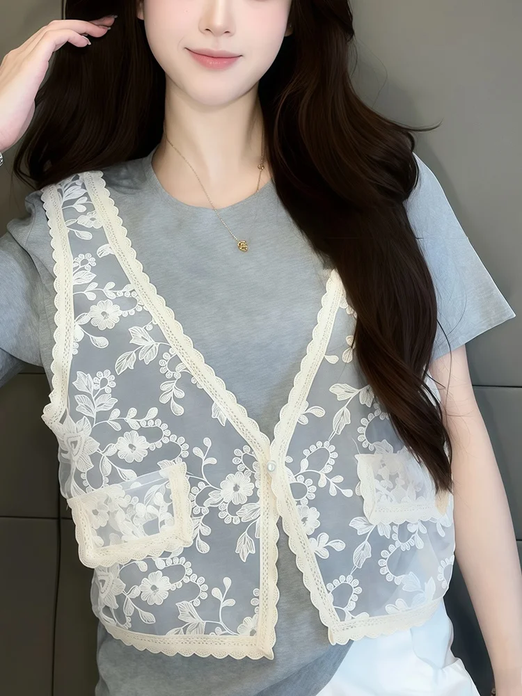 Dentelle épissure pur coton ort Sve T-shirt femmes faux deux pièces été nouveau Sle trajet coréen coupe ample rond Ne haut